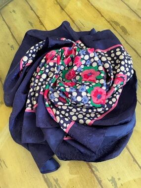 Navy Scarf with Pink, White & Green Floral Accents floral pattern silk 33” x 33”